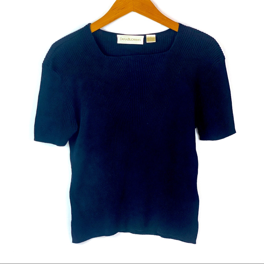 Dana Buchman Short Sleeve Navy 100% Silk Top